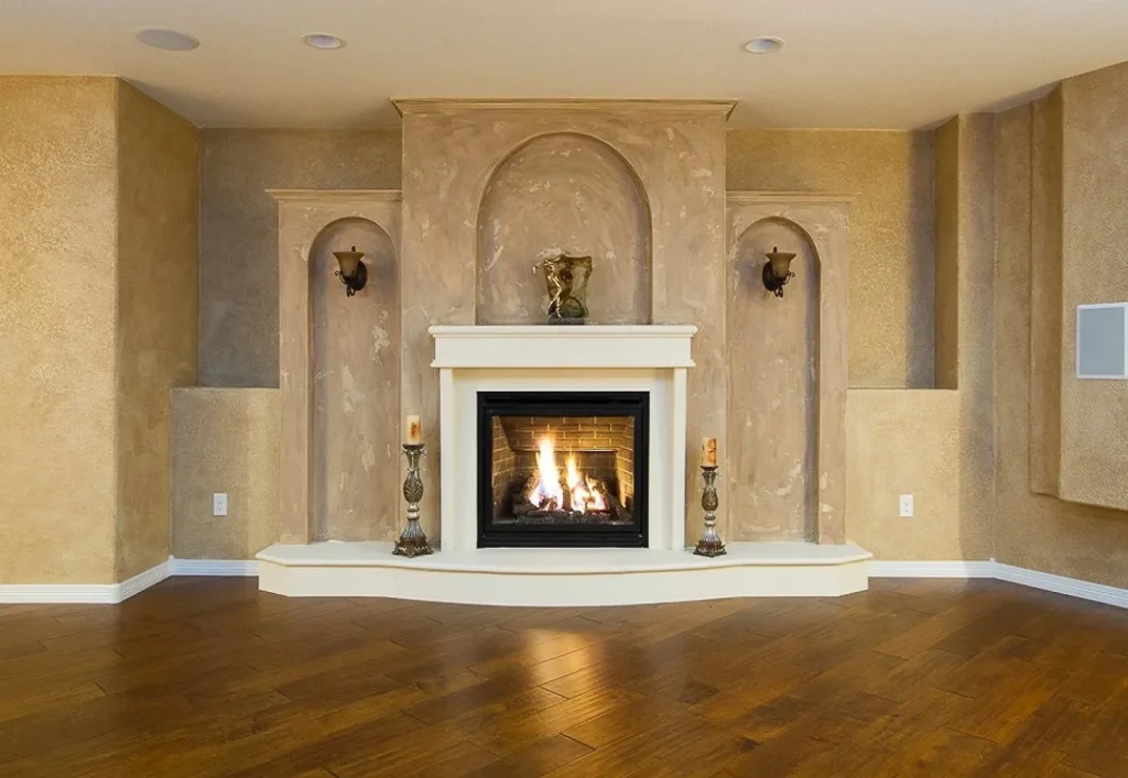 CD8G0053 Custom basement remodel including working fireplace, hardwood floor installation.